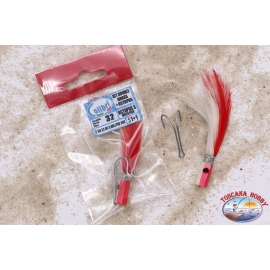 Señuelos para pesca de curricán, Colibrí, Kit de doble gancho/pulpo con plumas, tamaño 32, blanco/rojo
