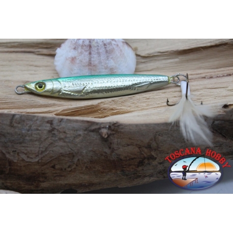 Metal bait J IG, 30gr-7cm, silver green, with feathered anchor