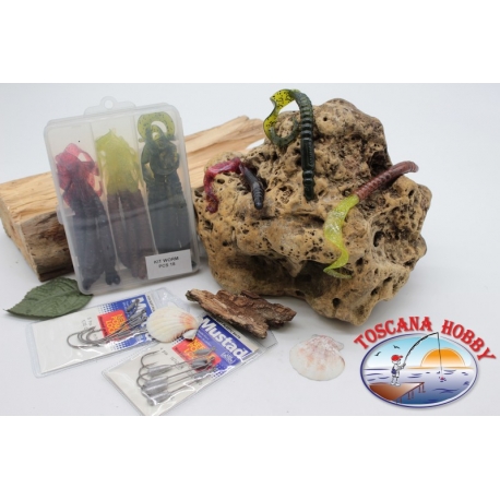 Caja surtido con 18 gusanos de silicona de Yo-zuri 15 cm con 2 paquetes de Mustad FC.C8