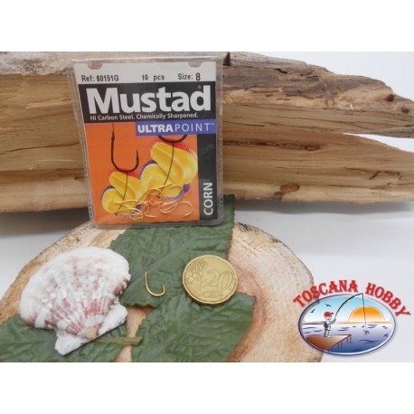 1 Pack of 10 pcs Mustad gold cod. 60151G sz.8 with the headstock FC.A249