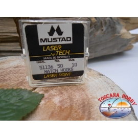 1 packung 50pz angelhaken Mustad "laser-tech" - serie 51136 sz.10 FC.A474