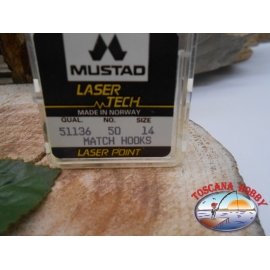 1 confezione da 50pz ami Mustad "laser tech" serie 51136 sz.14 FC.A476