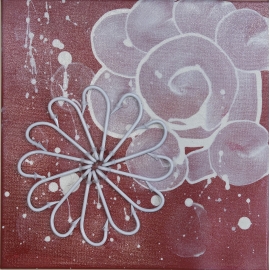 La peinture d'une fleur blanche sur un fond rouge taille 30x30.QR9. QR9