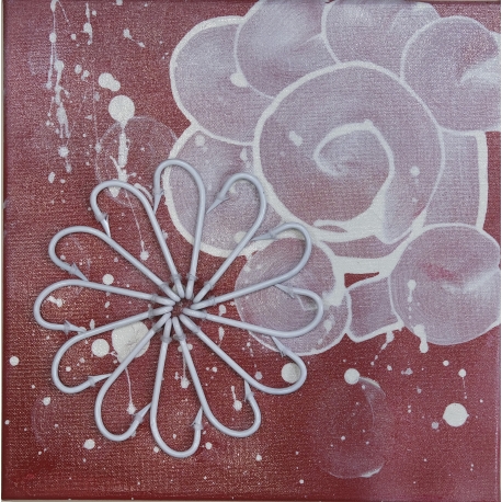 La peinture d'une fleur blanche sur un fond rouge taille 30x30.QR9. QR9